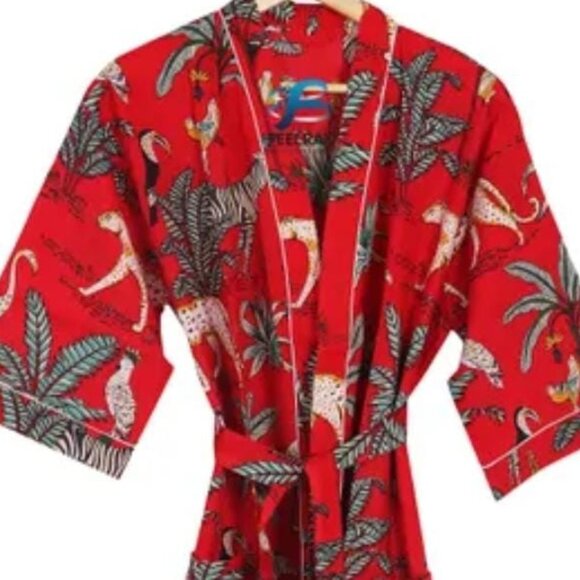 100% Cotton Bath Robe /Kimono Red One Size - Picture 5 of 5